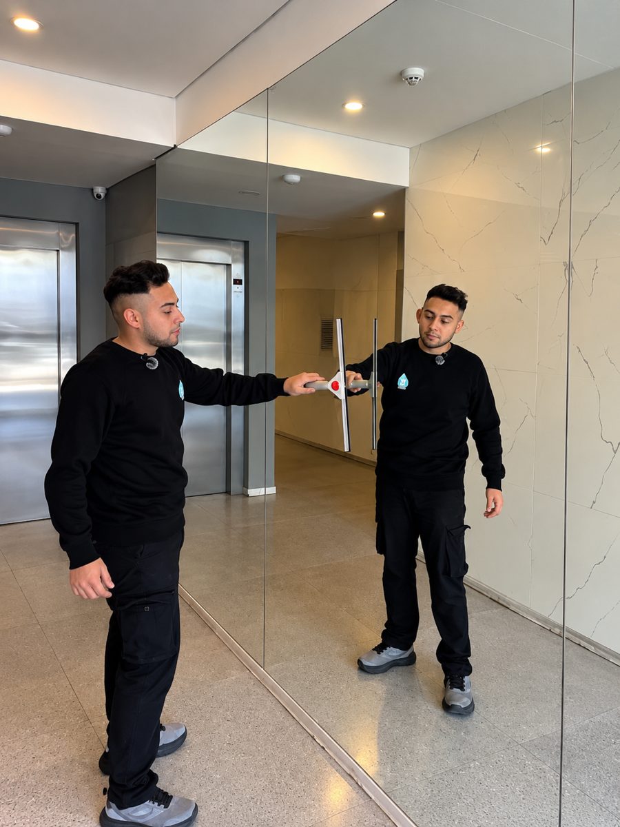 Personal de BAE limpiando los vidrios del hall de un edificio