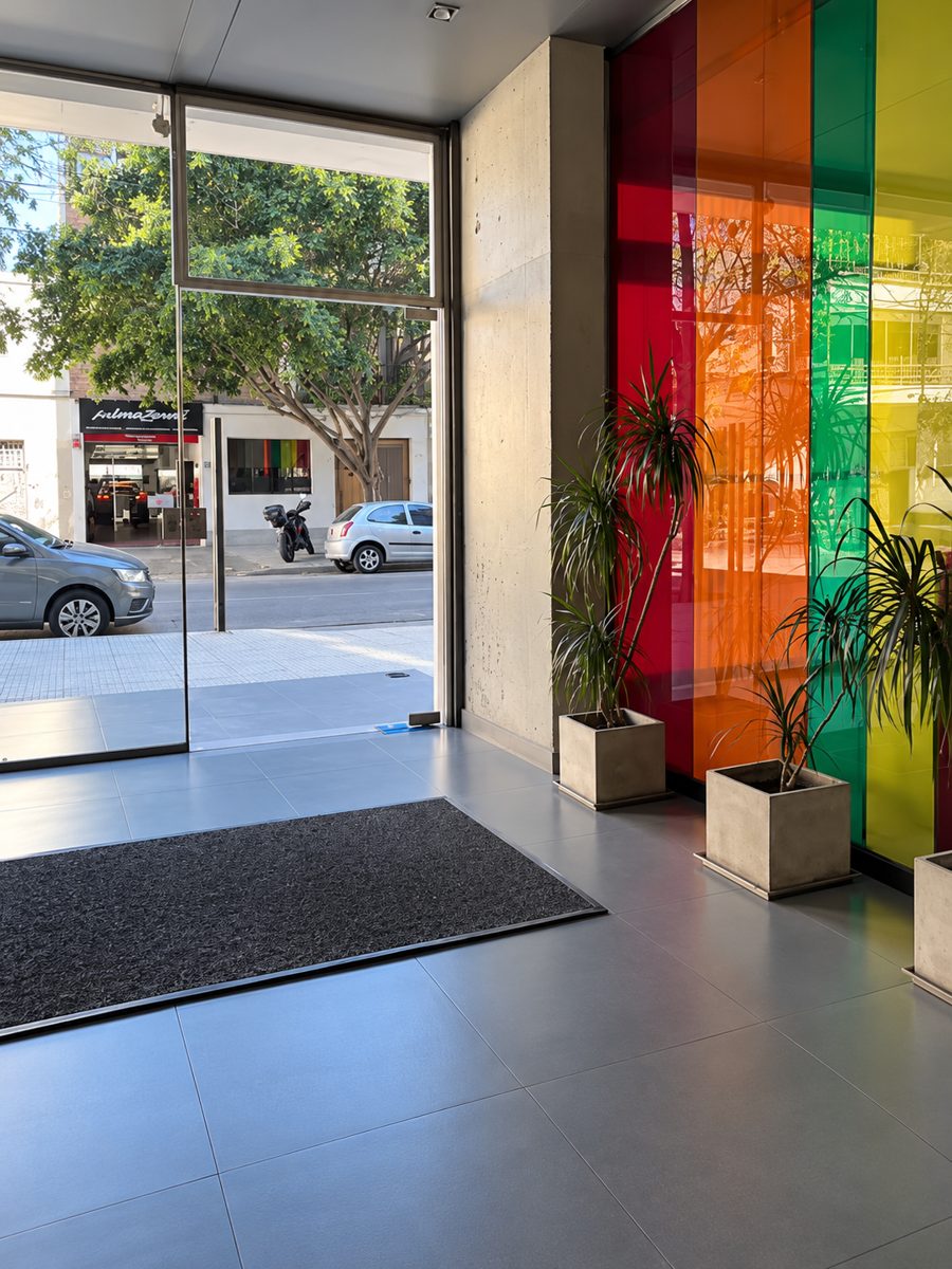 Hall de entrada de un edificio limpio, con vidrios de colores y plantas