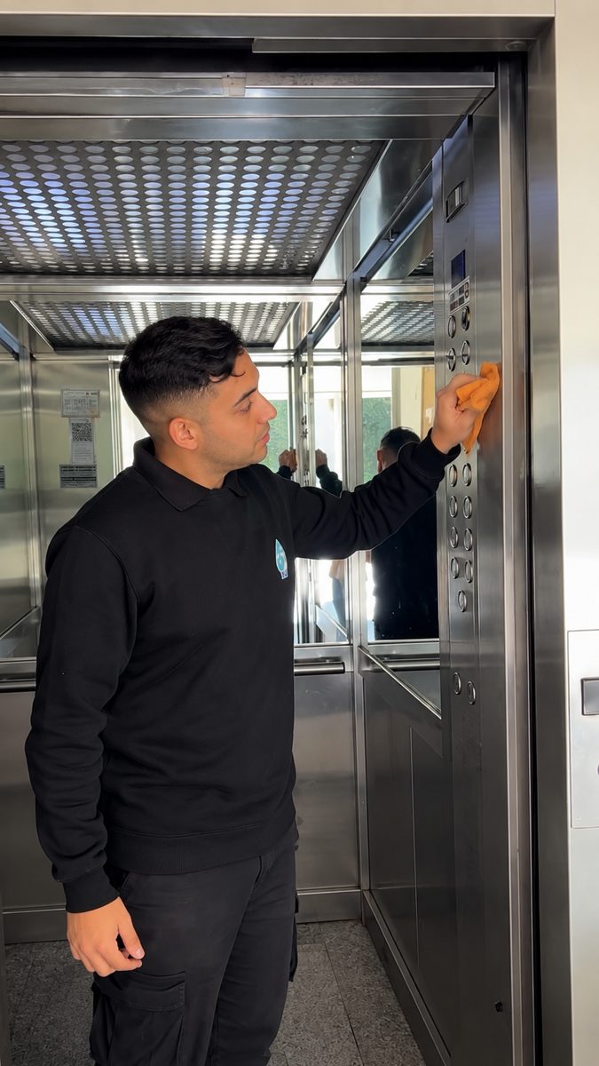 Personal de BAE limpiando el ascensor de un edificio